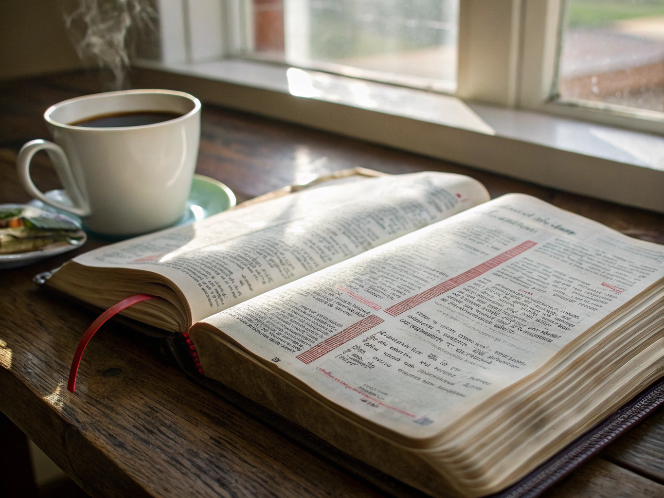 Open Bible and morning reflection journal with warm natural sunlight